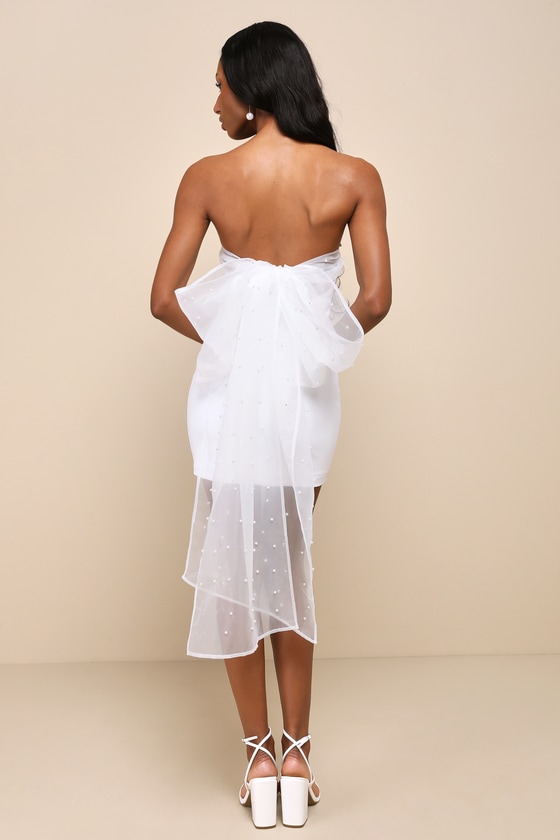 White Mini Dress - Strapless Dress - Organza Pearl Bow Dress
