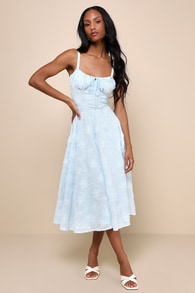 Darling Confidence Light Blue Rosette Bustier Lace-Up Midi Dress