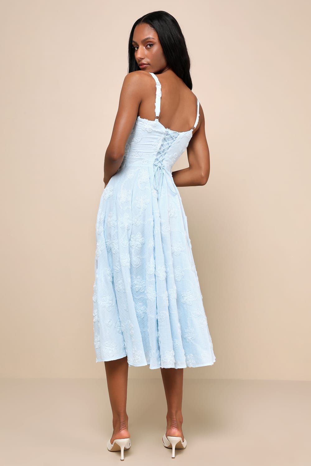 Darling Confidence Light Blue Rosette Bustier Lace-Up Midi Dress