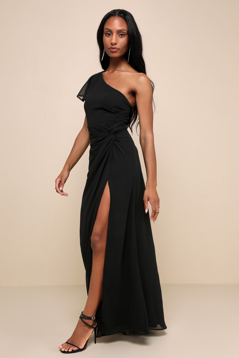 Black Chiffon Maxi Dress - One-Shoulder Dress - Twist-Front Dress - Lulus