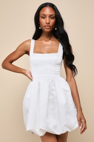 Regal Cutie White Satin Square Neck Bubble-Hem Mini Dress