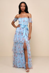 Pretty Whimsy Blue Floral Tiered Off-the-Shoulder Maxi Dress