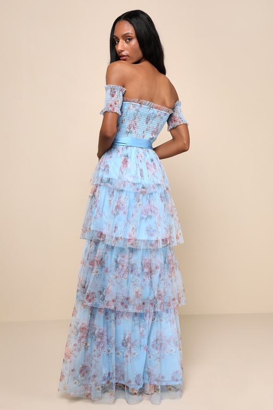 Pretty Whimsy Blue Floral Tiered Off-the-Shoulder Maxi Dress 6