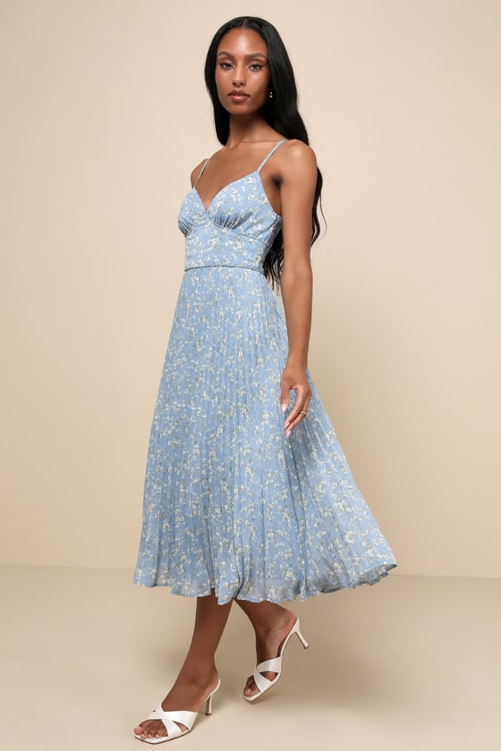 Light Blue Floral Dress Pleated Dress Swiss Dot Midi Dress Lulus