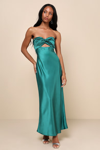 So Rare Emerald Green Satin Strapless Twist-Front Midi Dress 1