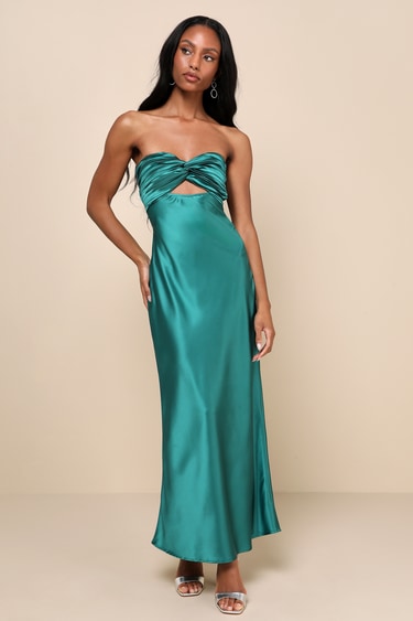 Green Satin Midi Dress Twist-Front Dress Strapless Slip Dress - Main Image