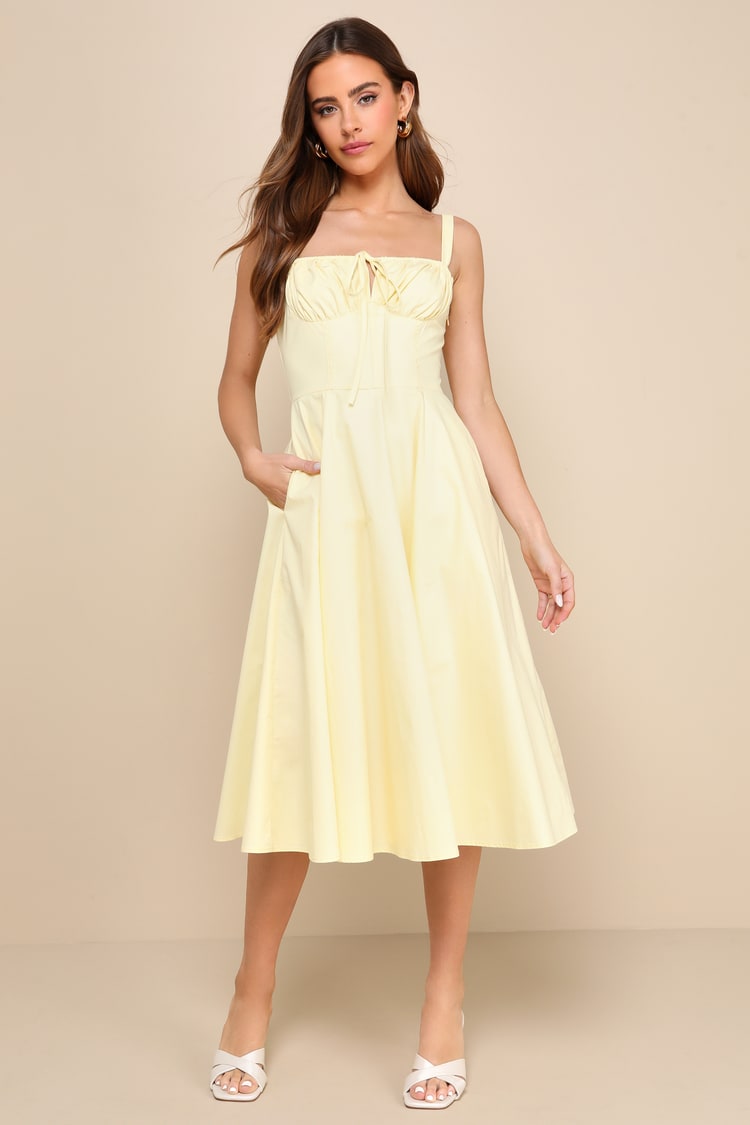 sachin and babi light blue dress Yellow Bustier Dress - Midi Dress With Pockets - Lace-Up Dress