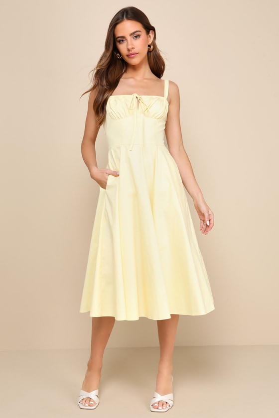 Compelling Charisma Yellow Bustier Midi Dress With Pockets 1