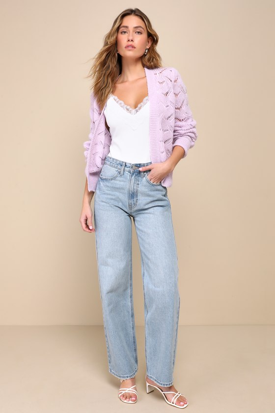 Layered Aesthetic Lavender Pointelle Knit Cardigan Sweater 4