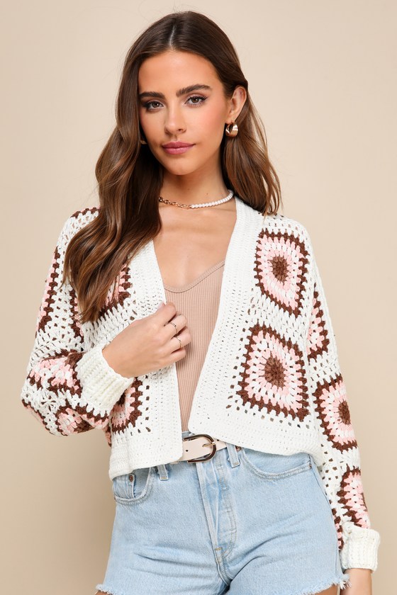 Lulus Cute Mentality Ivory Multi Crochet Open-front Cardigan Sweater