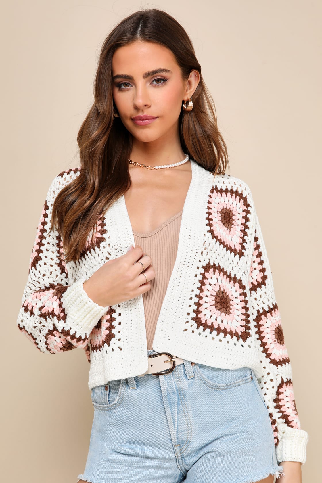 Cute Mentality Ivory Multi Crochet Open-Front Cardigan Sweater - gifts for mom from daughter