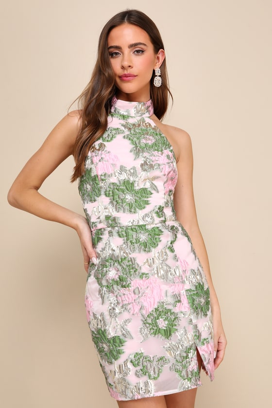Pink Floral Dress Jacquard Halter Dress Mock Neck Mini Dress Lulus Pink Floral Dress Jacquard Halter Dress Mock Neck Mini Dress Lulus