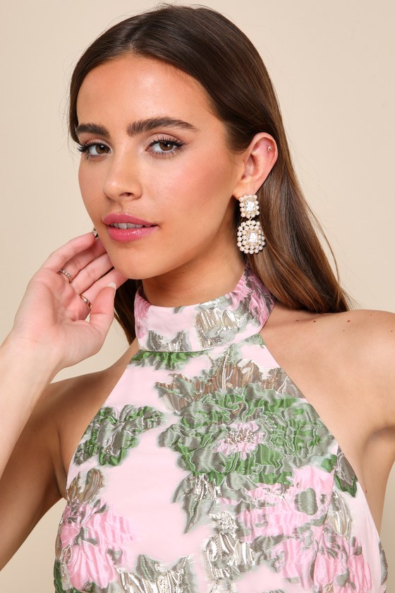 Lulus Extraordinary Impression Pink Floral Jacquard Halter Mini Dress In Pink