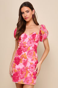 Luxe Direction Pink Floral Jacquard Puff Sleeve Mini Dress
