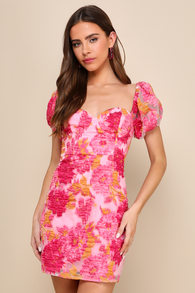 Luxe Direction Pink Floral Jacquard Puff Sleeve Mini Dress 1
