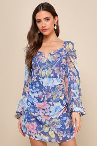 Beautiful Impression Blue Floral Chiffon Long Sleeve Mini Dress