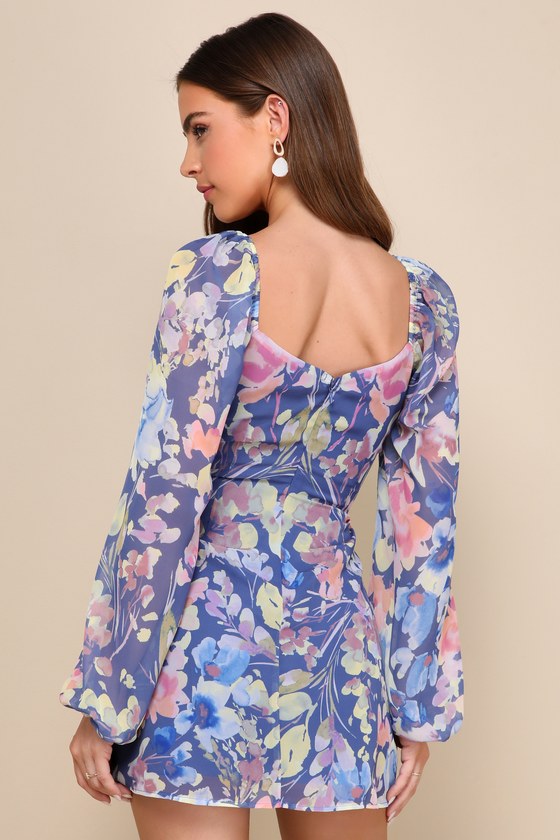 Blue Floral Chiffon Dress - Long Sleeve Mini Dress - Ruched Dress - Lulus