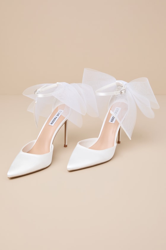 Shop Steve Madden Valenteen White Satin Mesh Bow Pointed-toe Ankle-strap Pumps