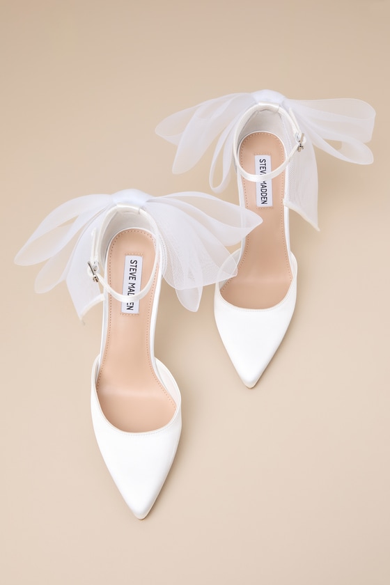 Shop Steve Madden Valenteen White Satin Mesh Bow Pointed-toe Ankle-strap Pumps