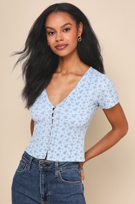 My Everyday Best Blue Floral Print Short Sleeve Button-Front Top