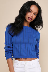 Charming Mentality Cobalt Blue Pointelle Knit Cropped Sweater