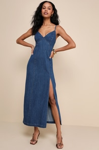 Crush-Worthy Trend Dark Wash Denim Sleeveless Midi Dress