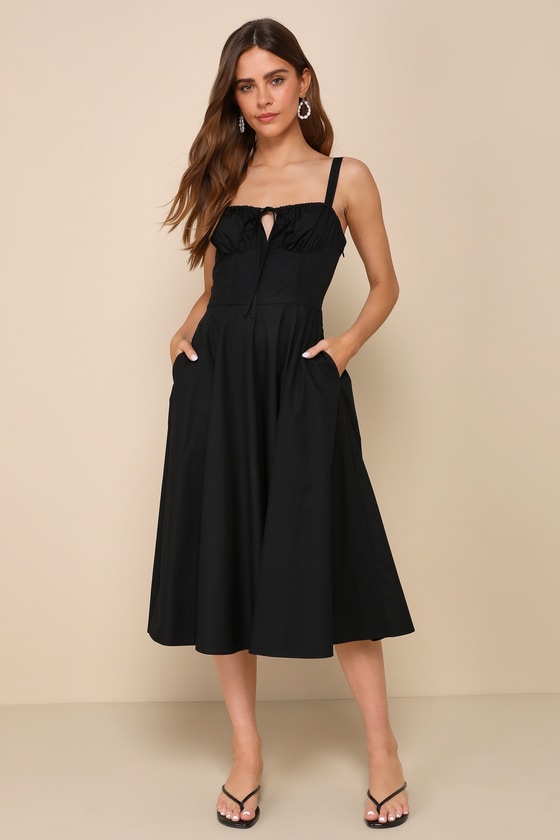 Lulus Compelling Charisma Black Bustier Midi Dress With Pockets