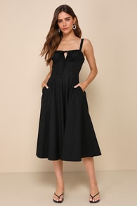 Compelling Charisma Black Bustier Midi Dress With Pockets