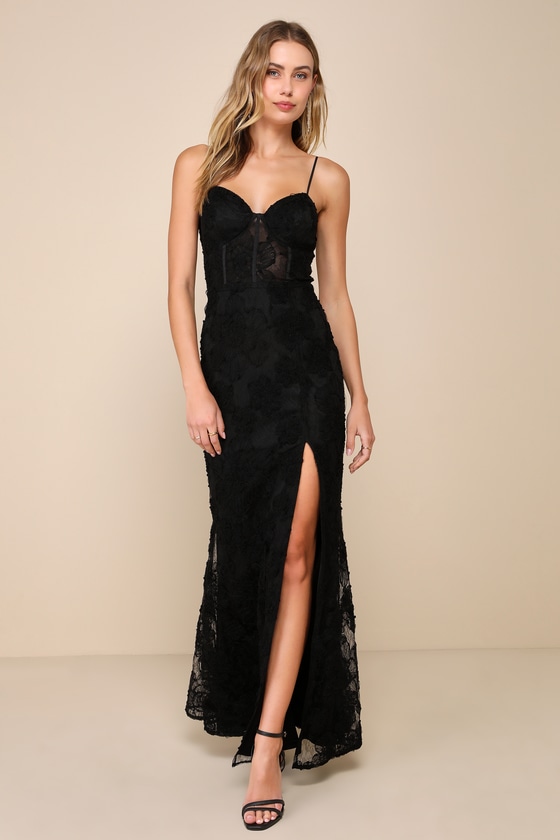 Lulus Sultry Direction Black Floral Lace Sheer Bustier Maxi Dress