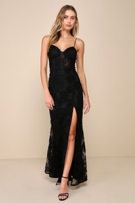 Sultry Direction Black Floral Lace Sheer Bustier Maxi Dress