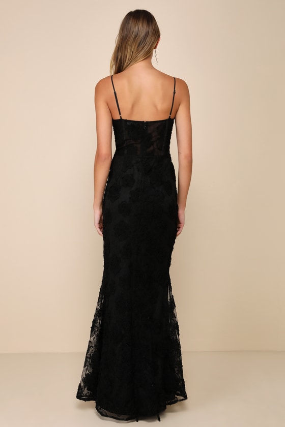Lulus Sultry Direction Black Floral Lace Sheer Bustier Maxi Dress In Black