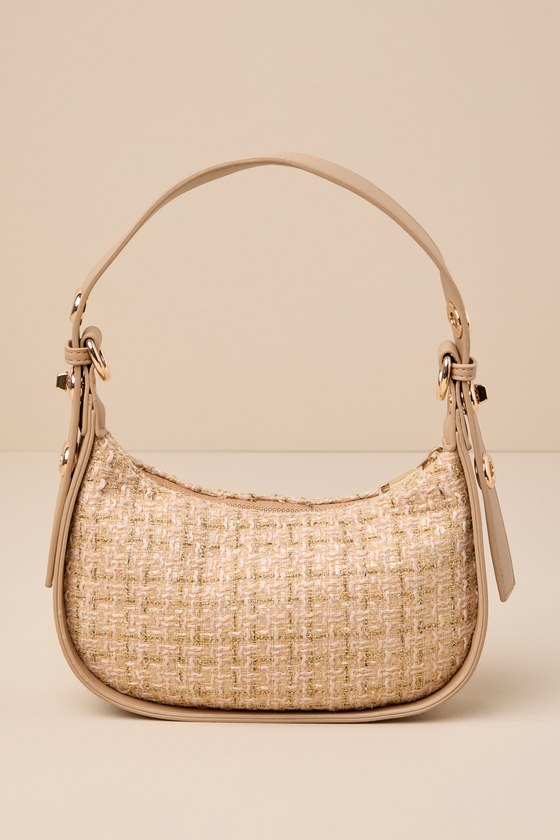 Distinctly Poised Beige Tweed Lurex Shoulder Bag 1