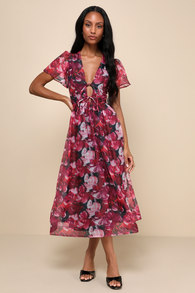 Favorite RSVP Magenta Floral Organza Tie-Front Midi Dress