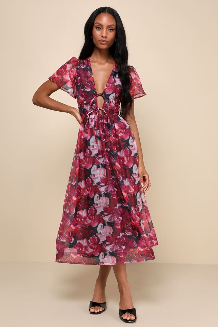 Magenta Floral Dress - Tie-Front Dress - Midi Skater Dress - Lulus