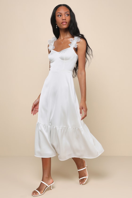 White Satin Midi Dress - Floral Applique Dress - Bustier Dress - Lulus