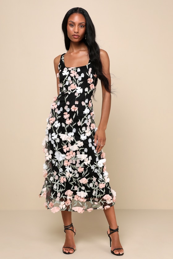 Elite Cutie Black Mesh 3D Floral Embroidered Midi Dress 1