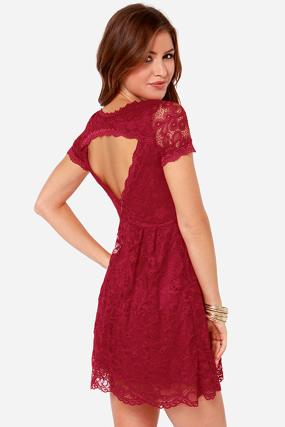 Pretty Wine Red Dress Lace Dress Short Sleeve Dress 42.00 Lulus