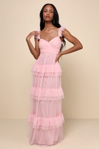 Pure Radiance Pink Mesh Swiss Dot Backless Tiered Maxi Dress