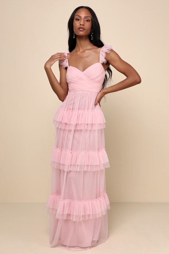 Pure Radiance Pink Mesh Swiss Dot Backless Tiered Maxi Dress 1