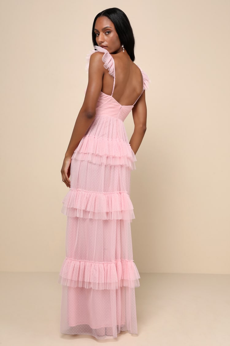 Pure Radiance Pink Mesh Swiss Dot Backless Tiered Maxi Dress