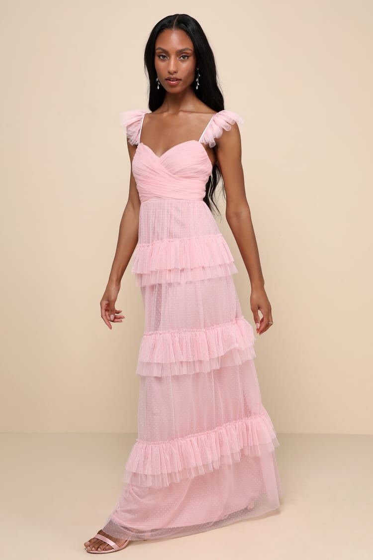 Pure Radiance Pink Mesh Swiss Dot Backless Tiered Maxi Dress