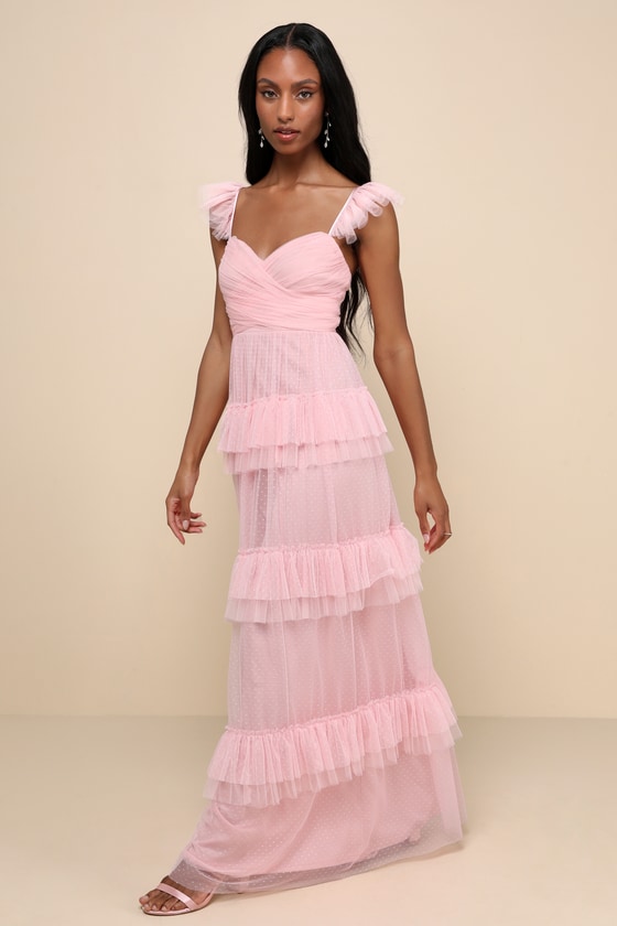 Pure Radiance Pink Mesh Swiss Dot Backless Tiered Maxi Dress 7