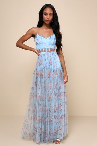 Sultry Luxury Blue Floral Print Mesh Tiered Bustier Maxi Dress