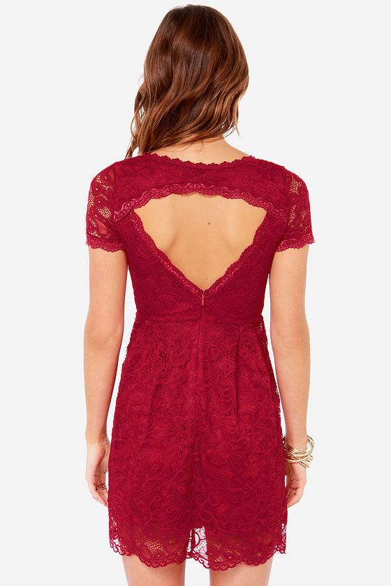 Pretty Wine Red Dress - Lace Dress - Short Sleeve Dress - $42.00