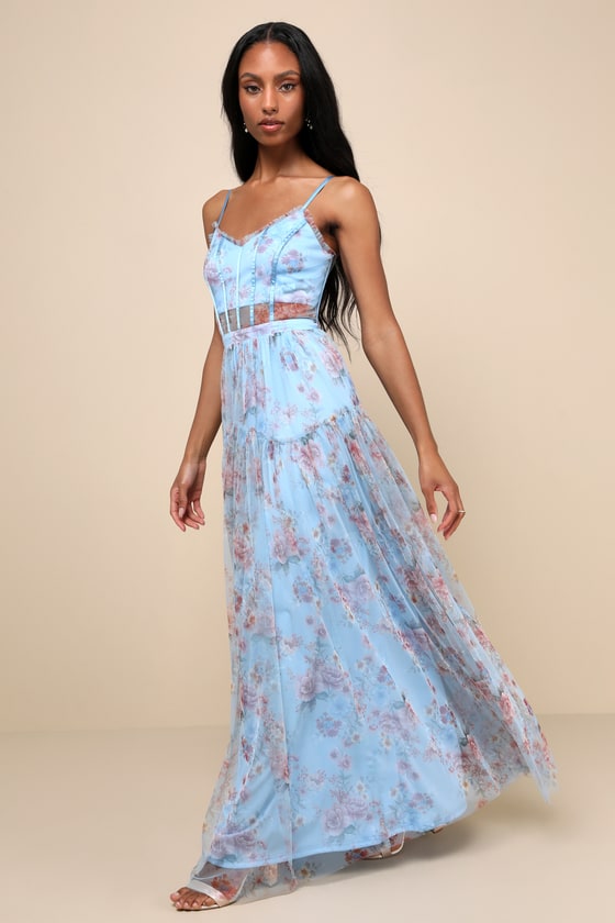 Blue Maxi Dress - Lace Dress With Cami Straps - Plunging Floral Dress