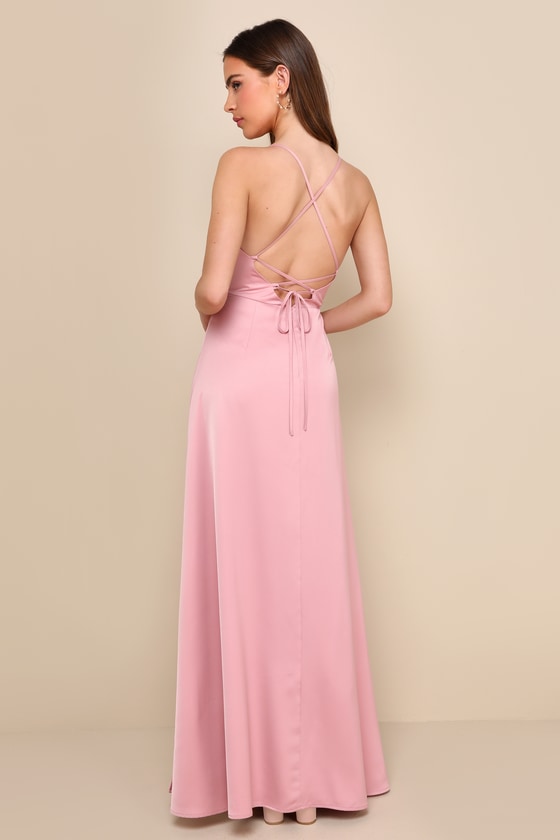So Loving Pink Satin Pleated Lace-Up Backless Maxi Dress 2