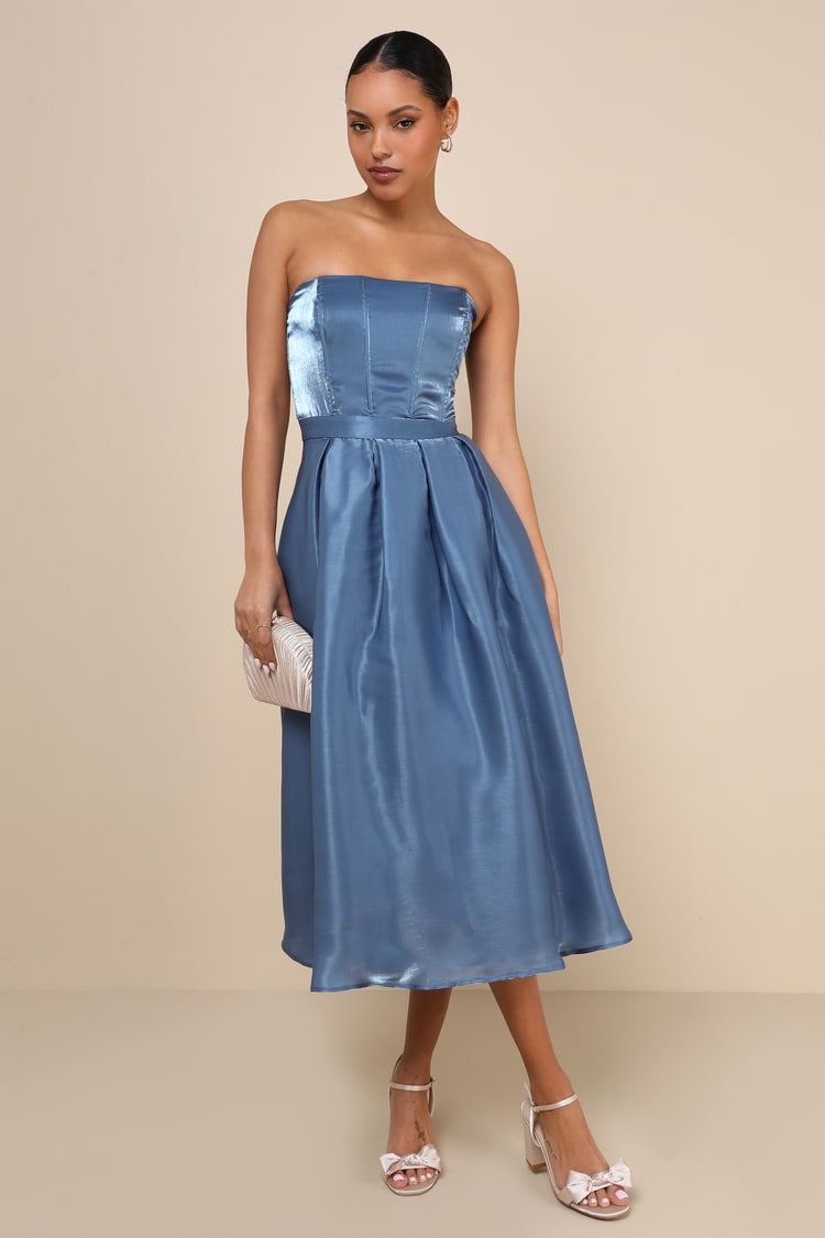 Blue Dress - Strapless Organza Dress - Midi Dress With Pockets - Lulus Blue Dress - Strapless Organza Dress - Midi Dress With Pockets - Lulus