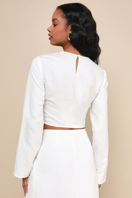 Lulus Effortless Vacay White Linen Long Sleeve Cropped O-ring Top In White