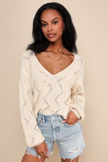Cream Sweater Top V-Neck Sweater Pointelle Knit Sweater Top