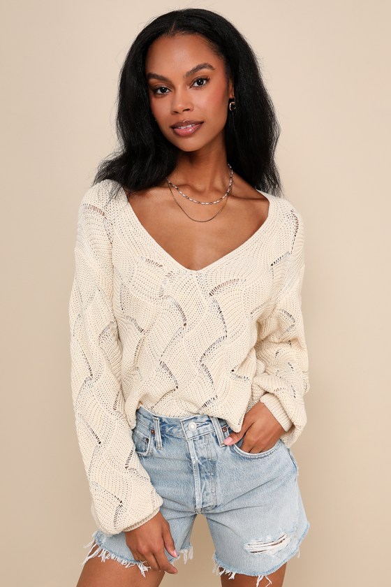 Cute Lifestyle Cream Pointelle Knit V-Neck Sweater Top 4